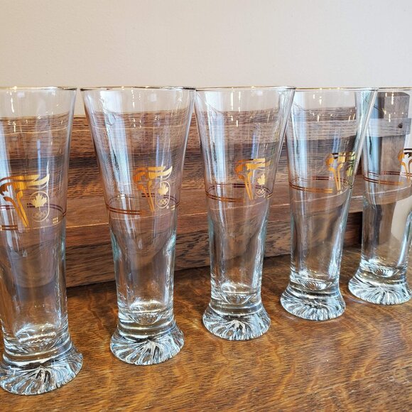 RETRO 1988 OLYMPIC GOLD Rim Pilsner Beer Glasses MINT CONDITION Set of 8 - Picture 1 of 7